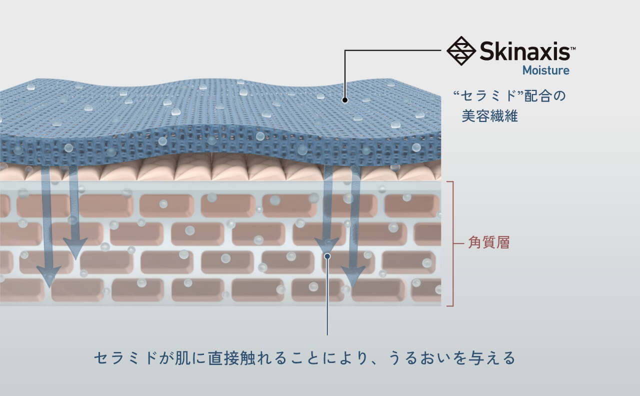 セラミド配合の生地の断面図。生地に含まれるセラミドが角質層に届き、うるおいを与えるイメージ